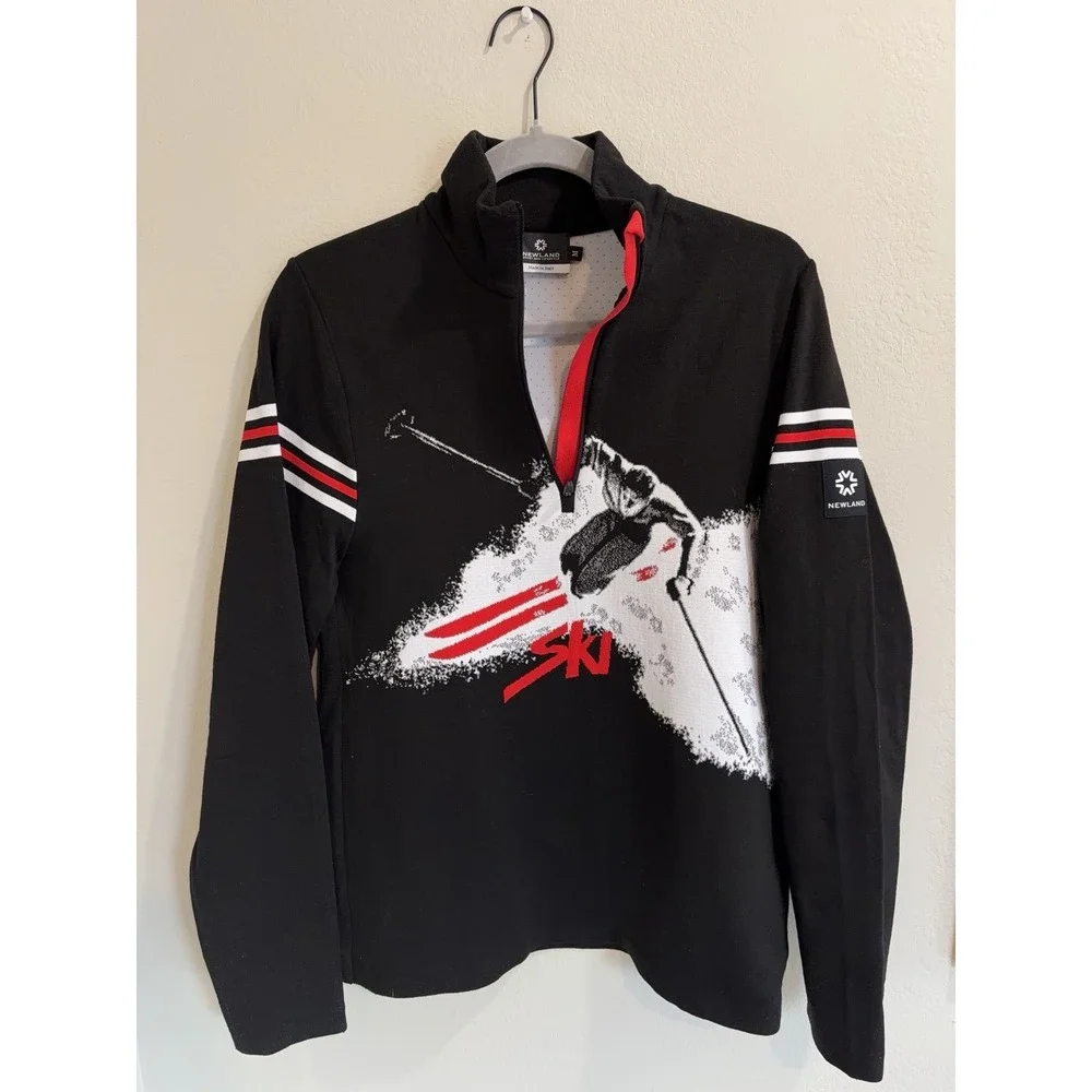 NEWLAND Men's Ski Sweater Sz. M Skier Made Italy Quarter Zip Black‎